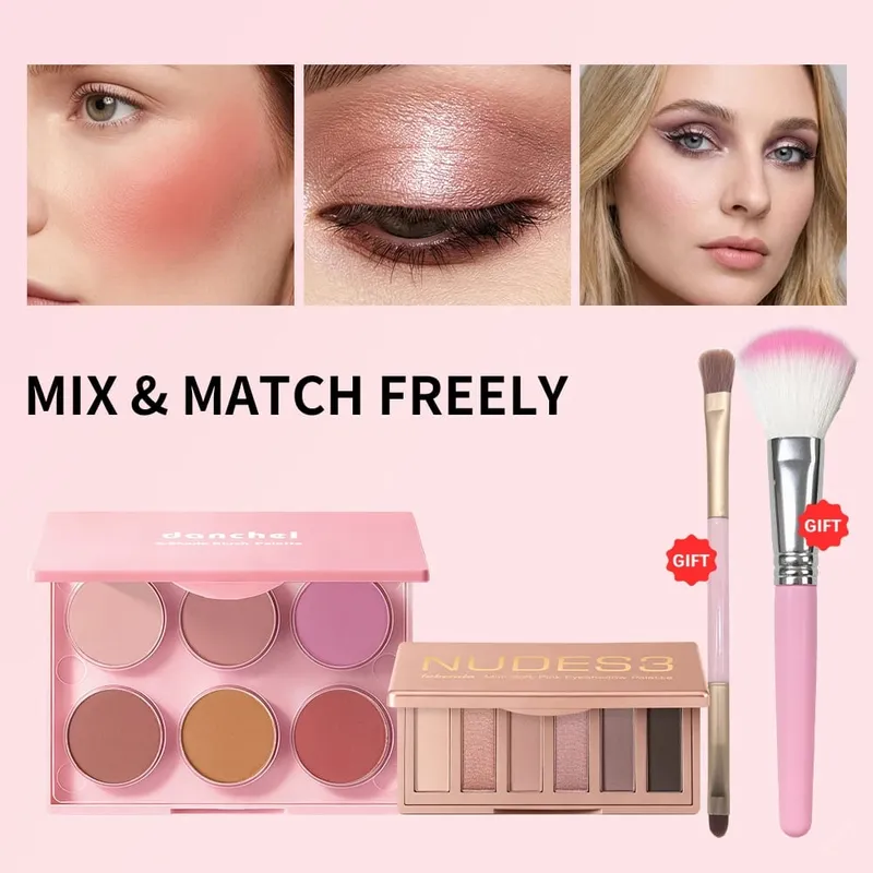 Matte Shimmer Nude Eyeshadow & 6 Tone Blush Powder Palette Kit de maquiagem facial de longa duração misturável com pincéis aplicadores — image 2