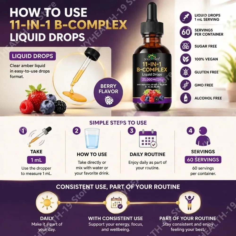 B-Complex Liquid Drops 11 em 1 Metil B12 Folato Biotina para foco energético e fórmula de suporte nervoso cerebral adulto 60ml — image 5