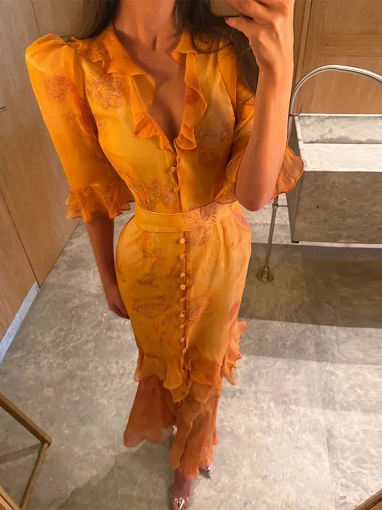 Elegant Ruffle ผู้หญิงชุดยาว V คอครึ่งแขนปุ่มเอว Cinching จีบชุด 2026 ฤดูใบไม้ผลิ Lady แฟชั่น Party Robes