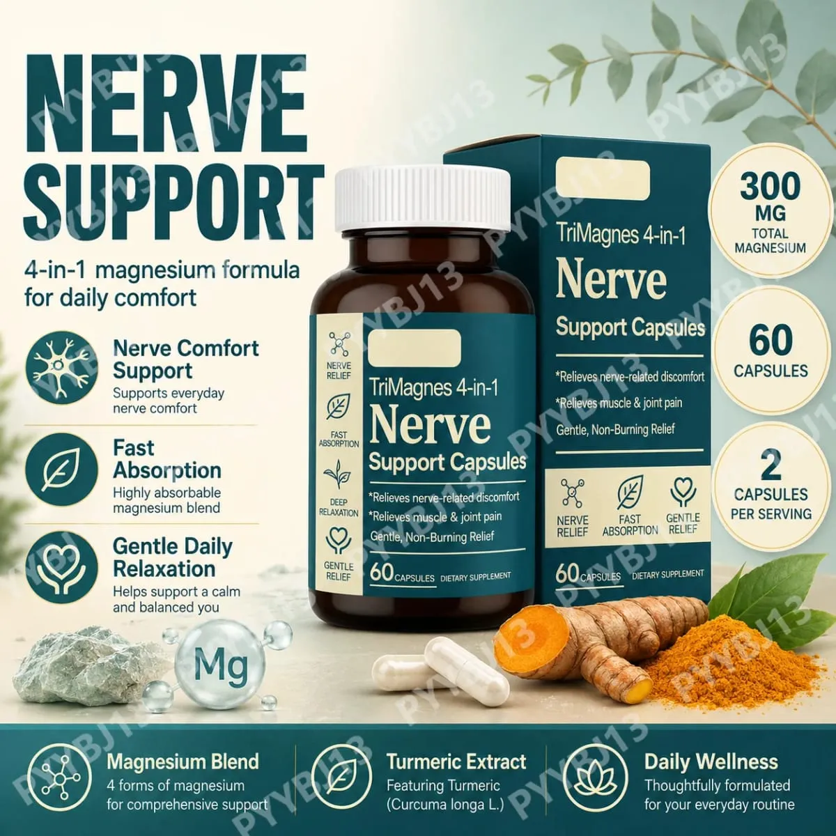4-in-1 Magnesium Nerve Support Capsules with Citrate Glycinate Malate & Turmeric Extract 60 CT Fast Absorption Formula — image 1
