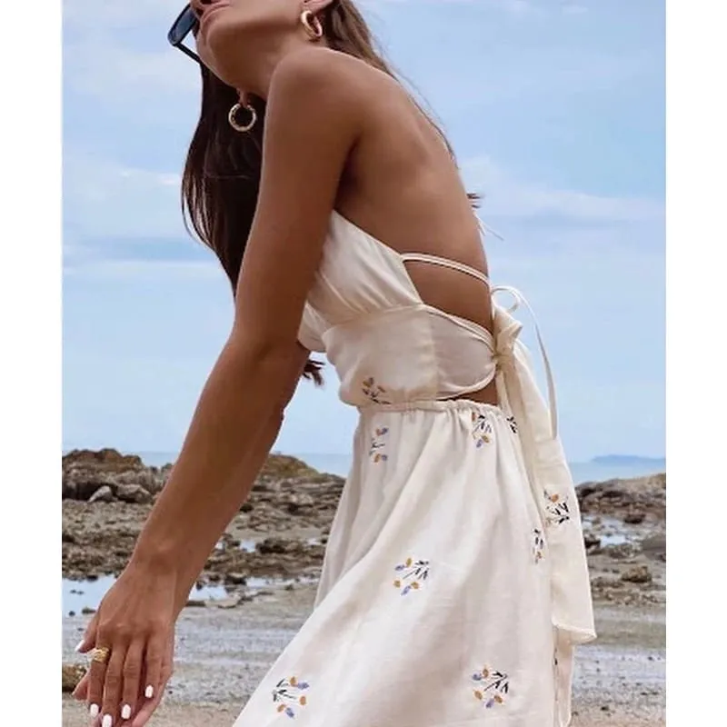 Women's Summer Sleeveless Cotton Hemp Halter Neck Dress Daisy Embroidery Backless Lace Up Long Dress