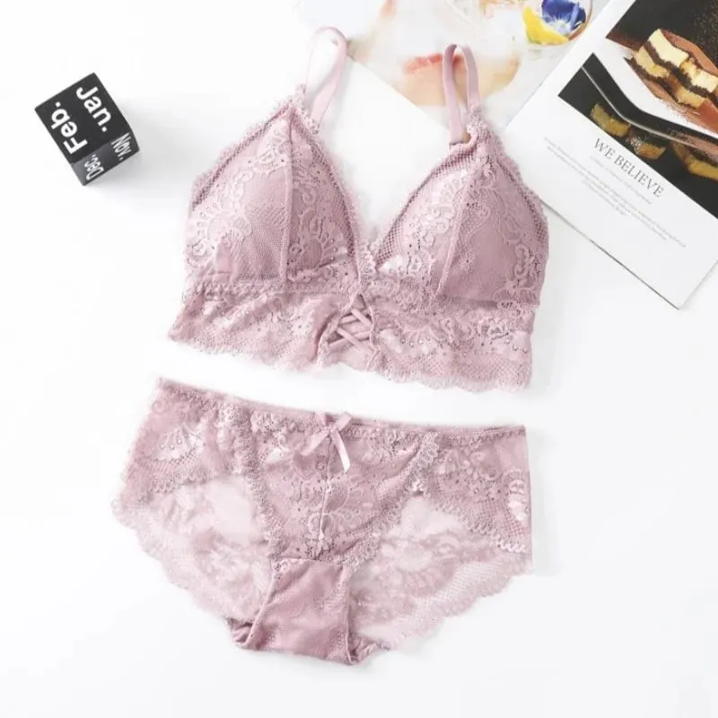 Lace Bra Set for Women Wirefree Bralette Front Criss‑Cross Floral Lace Underwear Sexy Lingerie 2‑Piece Bra And Panty Kit — image 9