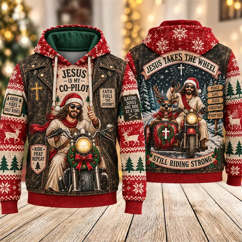 Funny Jesus Christmas Biker Hoodie 3D Graphic Motorcycle Rider Vintage Holiday Pullover Winter Streetwear Party Casual Gift — image 5