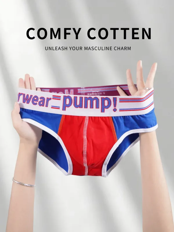 Men's Cotton Color Block Briefs, Pump! Logo Wide Waistband Low Rise Sexy 3D Convex Pouch Underwear 3256813080433415 — image 26