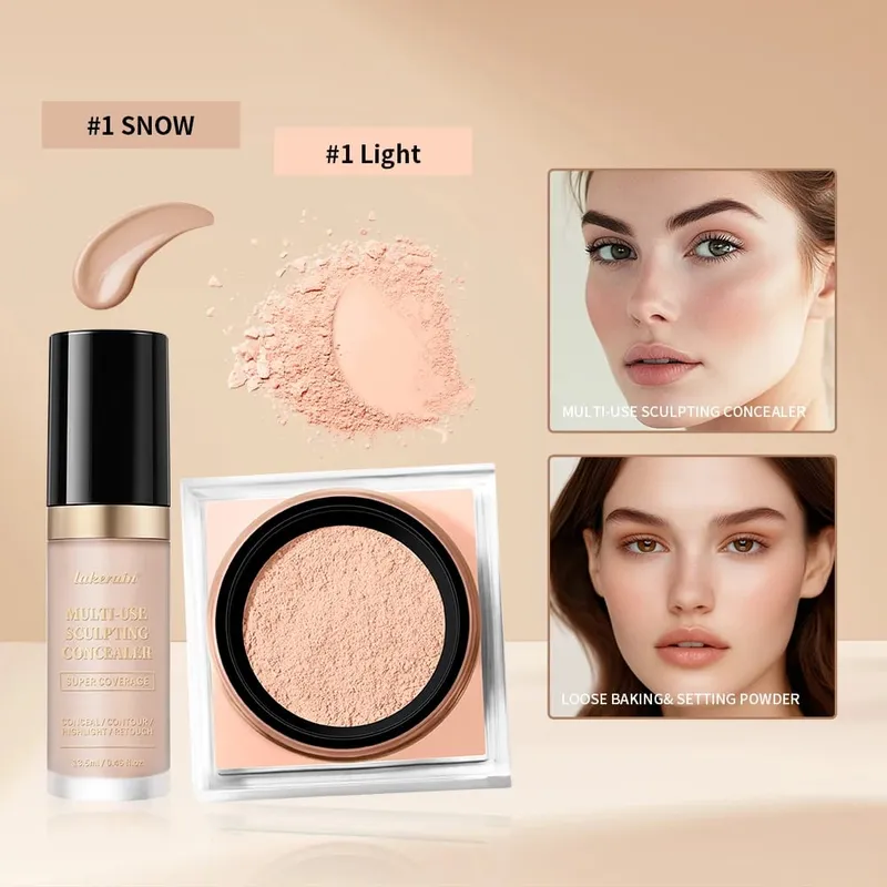 2ks sada na make-up na obličej s korektorem a sypkým pudrem na obličej s hladkým matným povrchem pro ženy, korejský make-up — image 10