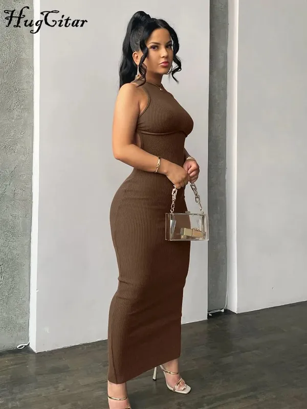 Hugcitar Ribbed Solid Hollow Out Backless Sleeveless Sexy Slit Mini Dress Bodycon 2025 Spring Women Outfits Elegant Party Y2K
