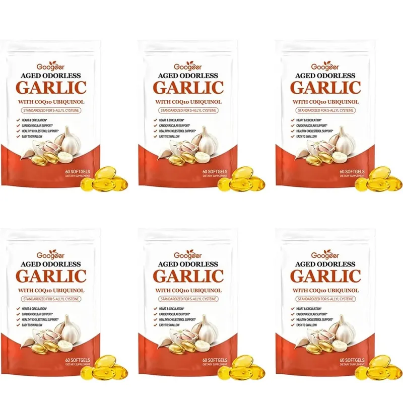 Cápsulas gelatinosas de alho inodoras envelhecidas Googeer com CoQ10 Ubiquinol Vitamina K2 (MK-7) para circulação e suporte ao colesterol 60 cápsulas gelatinosas — image 11
