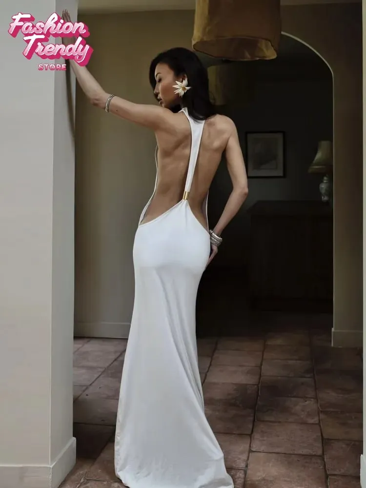 Gaun Maxi Potongan Sisi Tanpa Belakang Halter Pepejal Wanita Stretch Jersey Lantai Panjang Gaun Bodycon Slim Jubah Percutian Kelab Malam