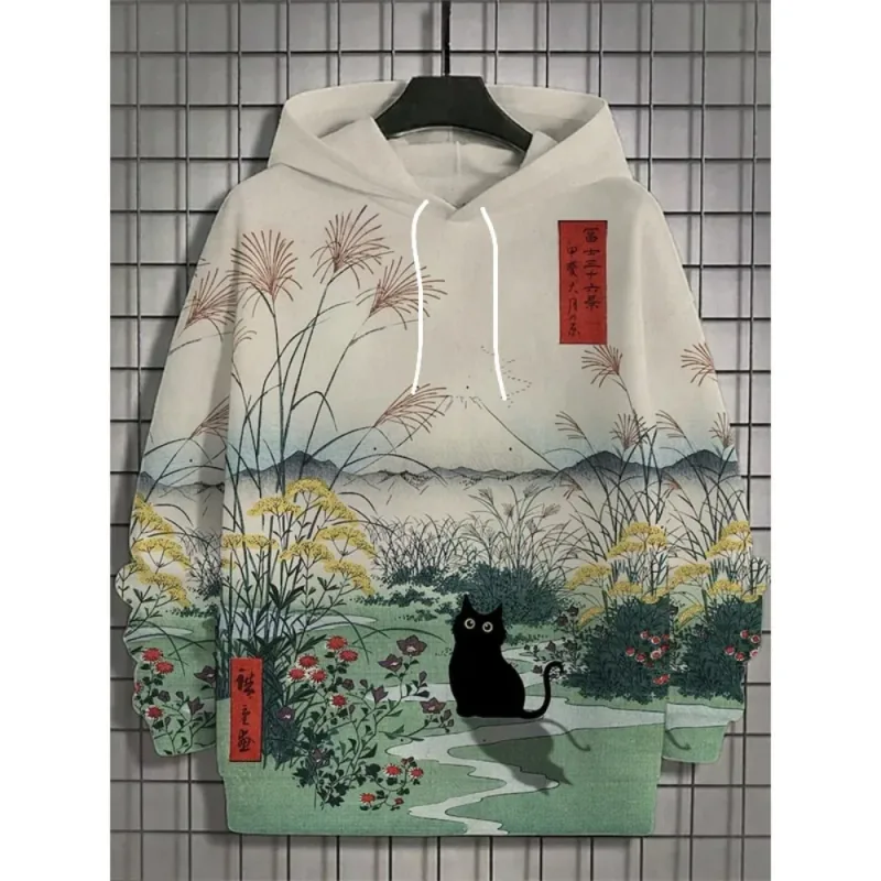 Fuji Mountain Lake Scenery Black Cat Graphic Hoodie Men Pullover Hooded Sweatshirt — image 5