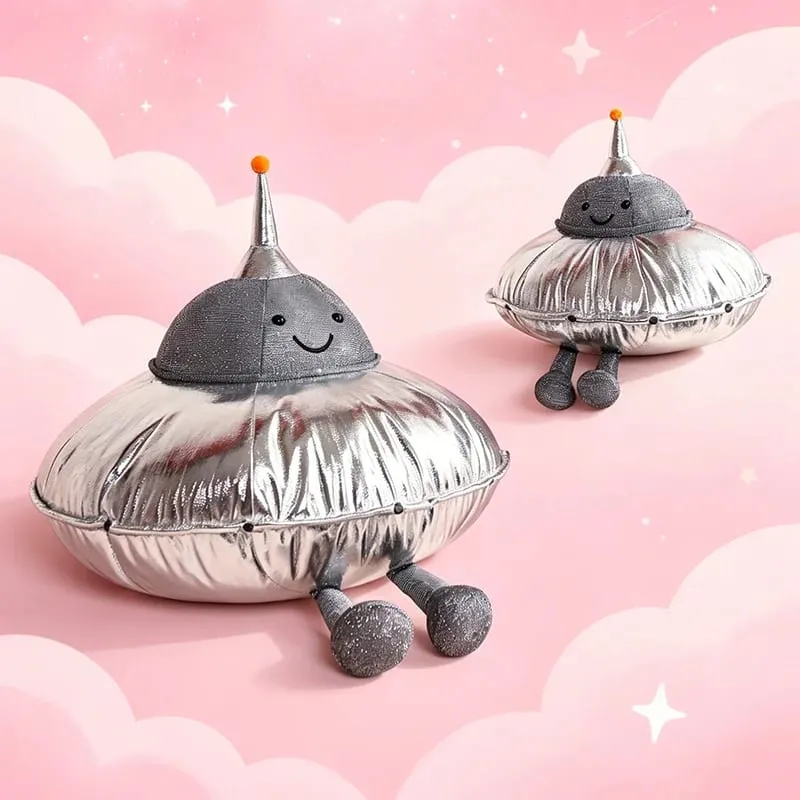 Cute UFO Plush Pillow Silver Metallic Flying‑Saucer Stuffed Toy Soft Alien Spaceship Plush Cushion Space‑themed Home Decor Gift — image 7