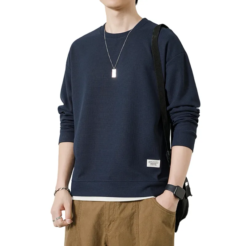 Loose for Fit Plaid Sweatshirt for Men with Long Sleeves Round Neck and Fake Two-Piece Visual Design for Everyday Use — image 4