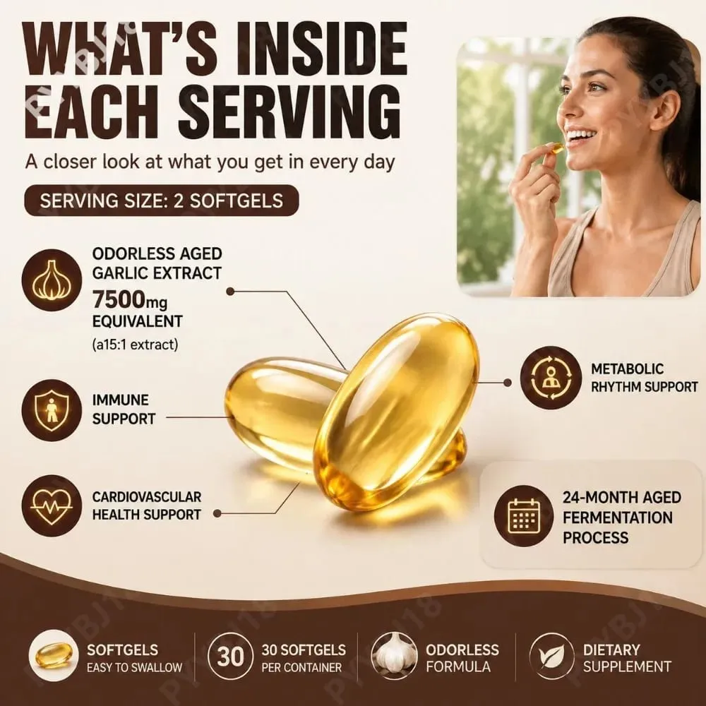 Ekstrak Bawang Putih Berumur Tidak Berbau Softgels 7500mg Herba Fermentasi 24 Bulan Formula Botani Sokongan Imun Kardiovaskular 30 Kiraan — image 6