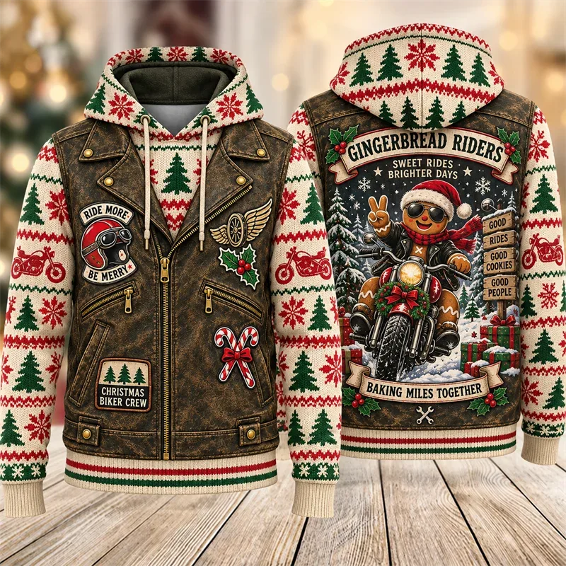 Christmas Biker Hoodie 3D Print Santa Reindeer Gingerbread Rider Faux Leather Vest Holiday Pullover Winter Streetwear Gift — image 7