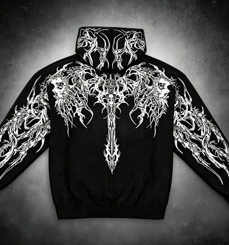 Men Alt Gothic Pullover Hoodie Y2k High Street American Style Dark Thorn Print Fleece Lined Loose Biker Fall Winter Sweatshirt — image 7
