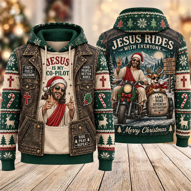 Funny Jesus Christmas Biker Hoodie 3D Graphic Motorcycle Rider Vintage Holiday Pullover Winter Streetwear Party Casual Gift — image 11