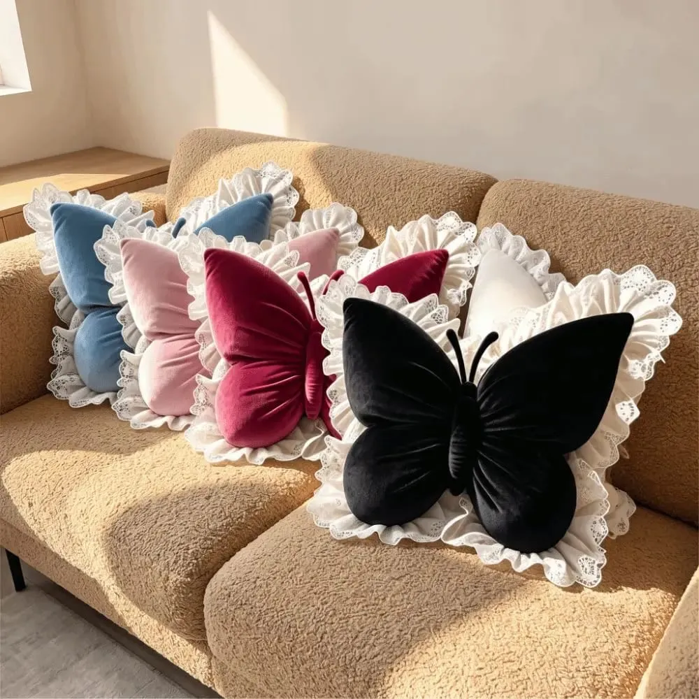 Elegant Velvet Butterfly Pillow Soft Lace Trim Bow Cushion Cute Bow Throw Pillow Gifts — image 8