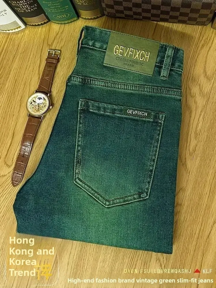 High Quality Emerald Green Slim Fit Men's Jeans Retro Fashion Washed out Casual Straight Leg Youthful Style Chinese Production — image 8