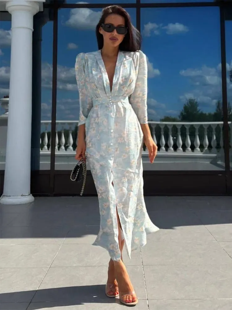 Fesyen Seksi Organza Floral Printed Maxi Dress V-neck Puff Sleeve 2026 Musim Panas Baru Romantik Wanita Gaun Pesta Wanita Elegan Vestido