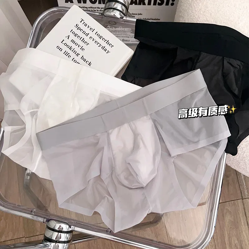 Cuecas masculinas transparentes ultra-finas de seda gelo calcinha de secagem rápida sexy u bulge bolsa homem roupa interior respirável cuecas — image 19