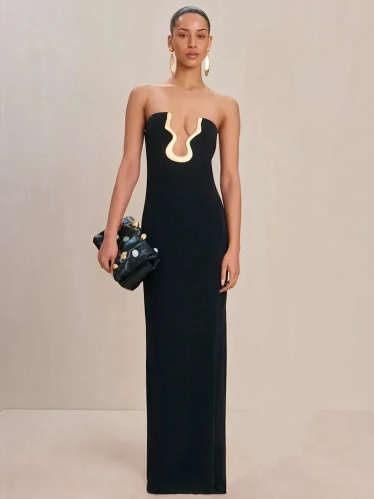 2025 Selebriti Wanita Seksi Tanpa Tali Belakang Tanpa Tali Maxi Hitam Pakaian Pembalut Bodycon Panjang Pakaian Pesta Kelab Malam yang Elegan — image 2