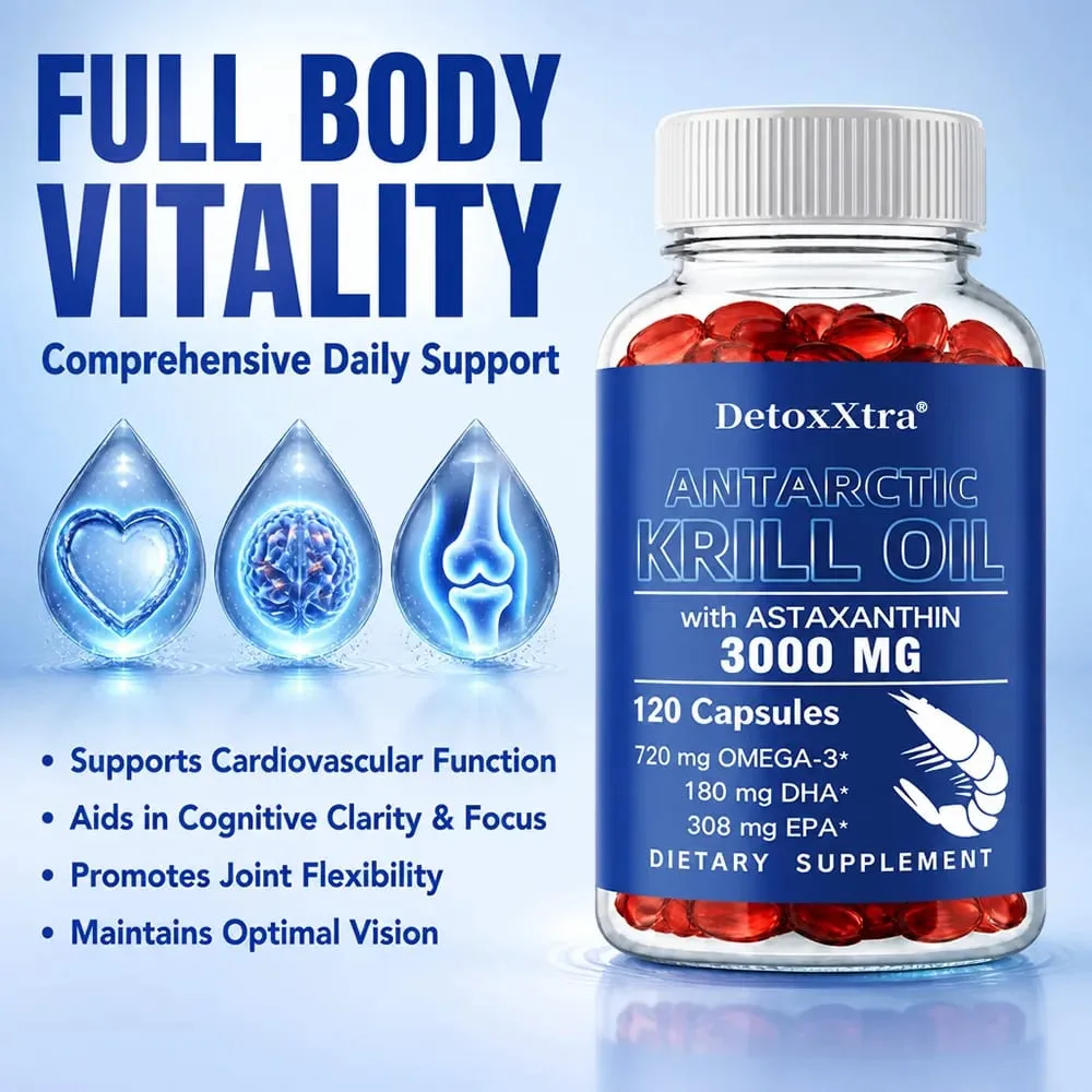 Antarktik Krill Yağı 3000mg Kapsül Omega-3 EPA DHA Astaksantin ve Fosfolipitler Antioksidan Kalp Beyin Eklem ve Göz Desteği
