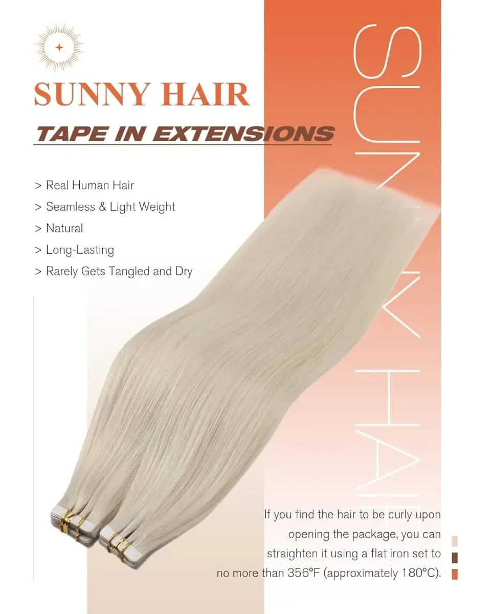VeSunny Tape i hårförlängningar Riktigt människohår Osynligt Remy Hair Extensions Tape Ins för kvinnor Vit Platina Blond 26 Inch — image 3