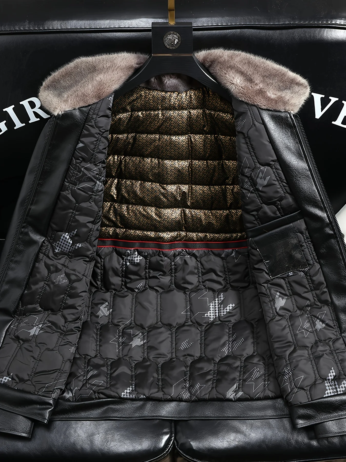 Men's Autumn and Winter Black Gold Graphene Lined Camel Hair Warm Fur Collar Pu Leather Jacket