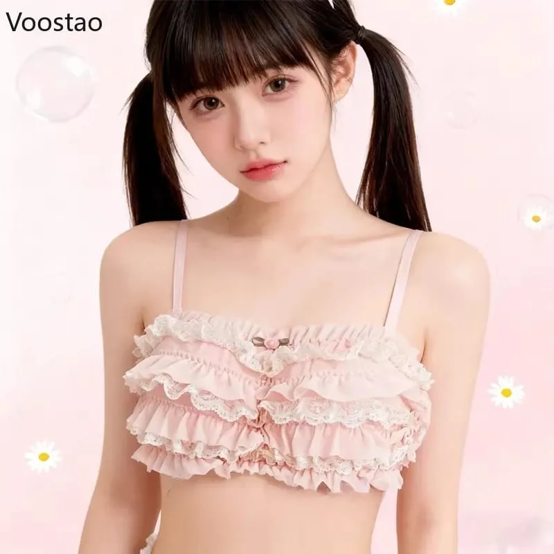 Japanse Zoete Lolita Stijl Beha Slipje Lingerie Set Vrouwen Sexy Bloemen Kanten Ruches Slips Kawaii Ondergoed Panty Intimates Sets — image 7