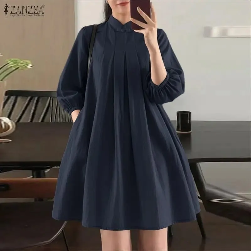 Letní dámské elegantní plisované šaty s límečkem s 3/4 nabíraným rukávem zmačkané šaty ke kolenům ležérní róby Femme — image 5