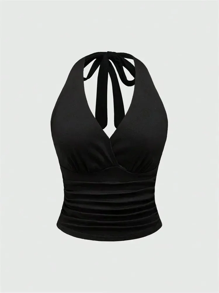 Áo crop top hở lưng cổ chữ V chắc chắn cho nữ mùa hè gợi cảm Y2K không tay xếp nếp hàng đầu dạo phố