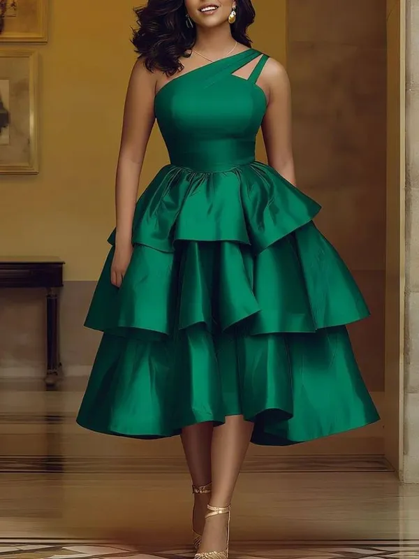 ผู้หญิงElegant Shiny Oneไหล่Ruffle Layered Christmas Party Dressesวันที่Outวันเกิดงานแต่งงานเหตุการณ์โอกาสชุดใหม่