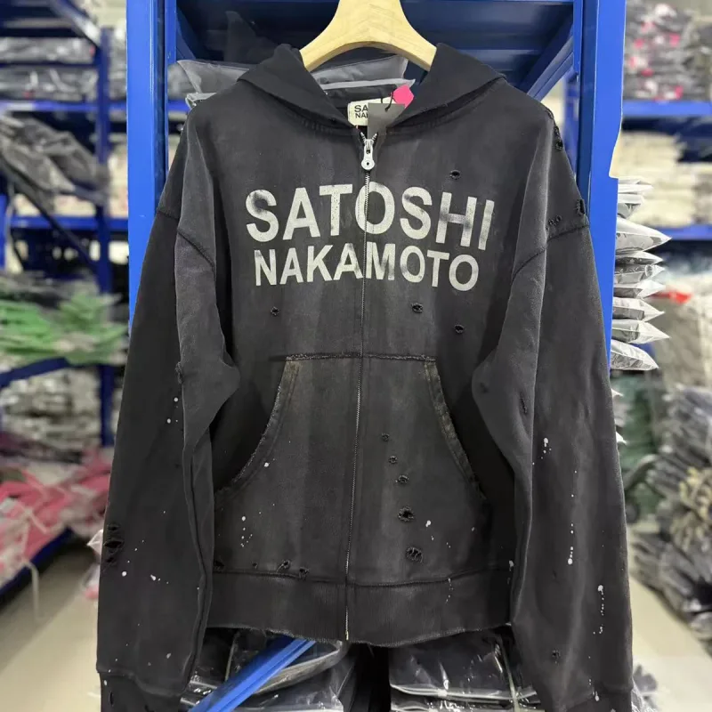High Street Washed Retro Distressed Ink Splatter Zipper Hooded Hoodie for Men and Women Cardigan Terry Baggy Sweatshirts