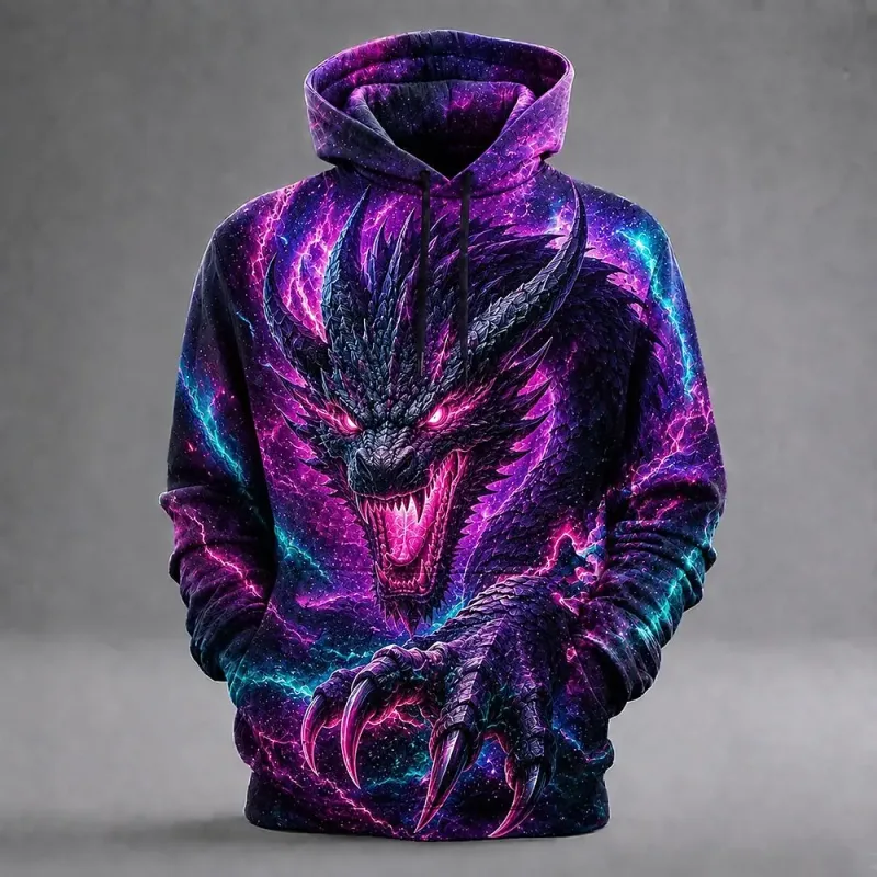 Men's Dragon 3D Printed Hoodie Fashion Animal Graphic, Lightning Print Sweatshirt Long Sleeve Casual Streetwear Men Clothing — image 1
