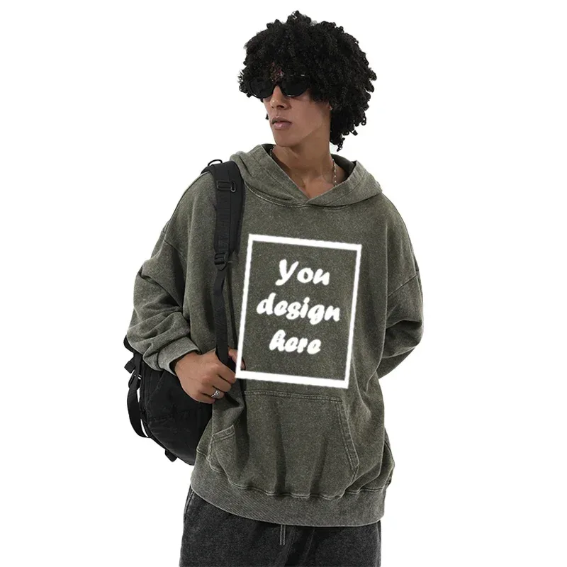 Men's personalized custom-printed washed vintage hooded warm sports wear thick 350 grams comfortable and warm. — image 5