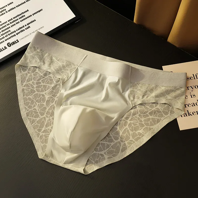Men Triangle Underwear Ice Silk Thin Breathable Panties Quick Drying Briefs Male Sexy U Bulge Pouch Underpant Lace Leopard Print