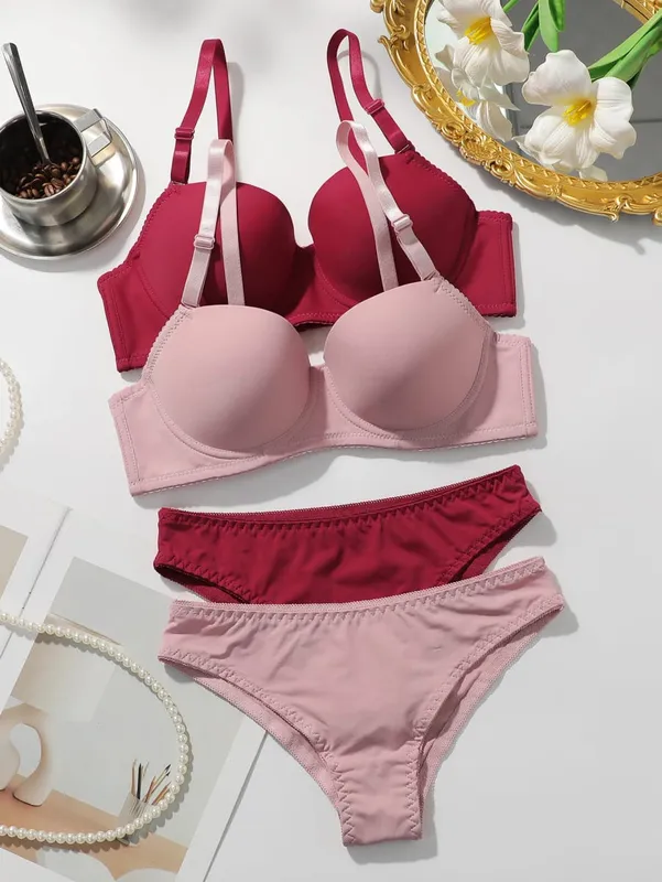 2 Pek Set Bra Empuk Berdawai Bertali Wanita Bra T-Shirt Tekan Ke Atas Pejal dengan Seluar Dalam Padanan Seksi & Selesa Pakaian Dalam Setiap Hari