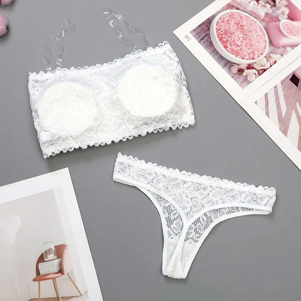 Lace Sheer Flower Thong Bra Set Invisible Straps Embroidery Floral Panties Bra Kit Lingerie Hollow Underwear for Women