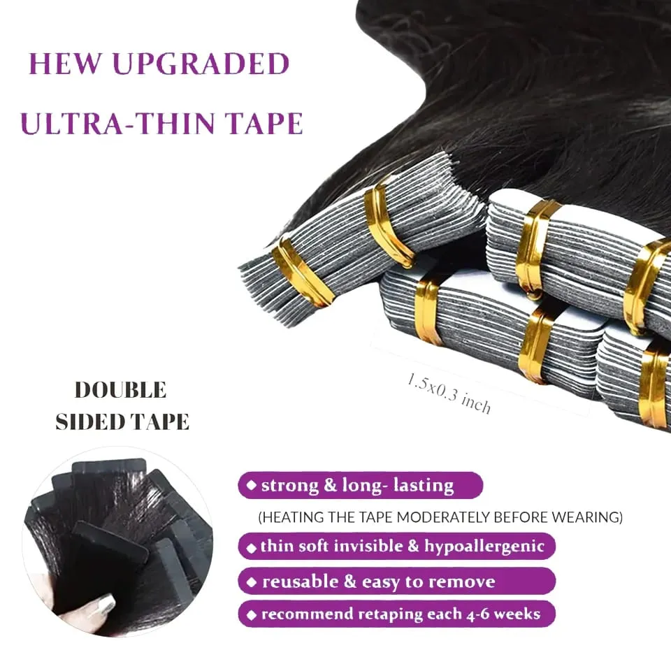 Body Wave Tape In Hair Extensions Extensions 100% Real Vietnamese Human Hair Natural Black Invisible Tape on For Woman 16-26inch — image 4