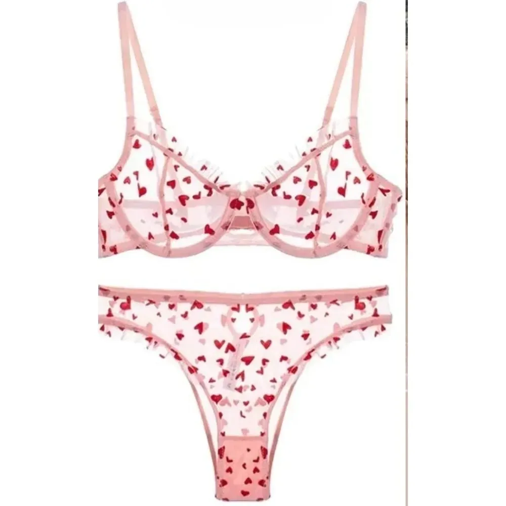 Women Heart Pattern Lace Underwire Bra Set Light Mesh Support Daily Intimates Lingerie Underwear Size 32‑38AB Women — image 7