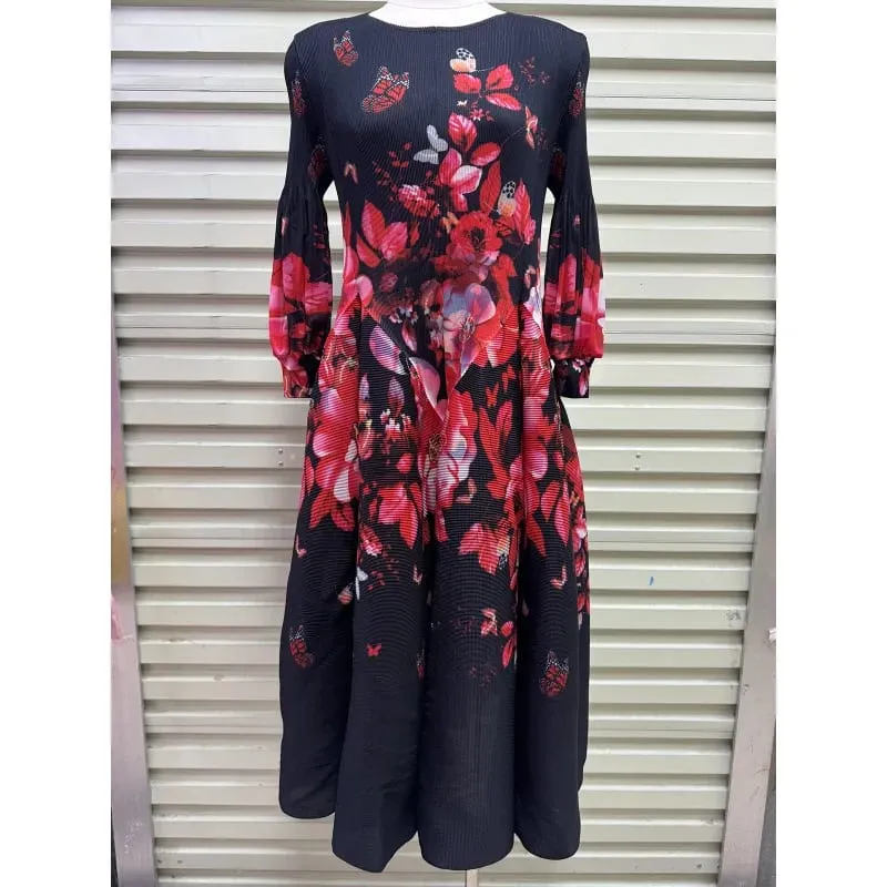 Miyake Plissee Kleider 2026 Herbst Neue Sanfte Französisch Druck Elegante Stretch Plus Größe frauen Langarm Bounce Blume Knospe kleid — image 15