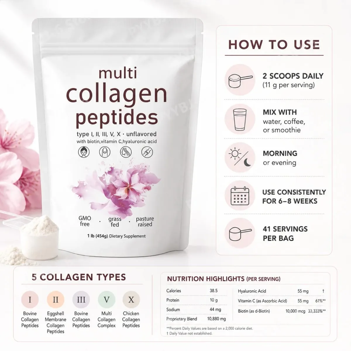 Bubuk Peptida Multi Kolagen 454G Campuran Kolagen Tanpa Rasa dengan Vitamin C Biotin Asam Hyaluronik Dukungan Kuku Rambut Kulit — image 5