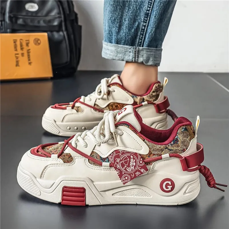 Spring Summer Men Sneakers Chunky Sole Casual Shoes Retro Color Block Graphic Print Lace Up Thick Flat Platform Footwear — image 2