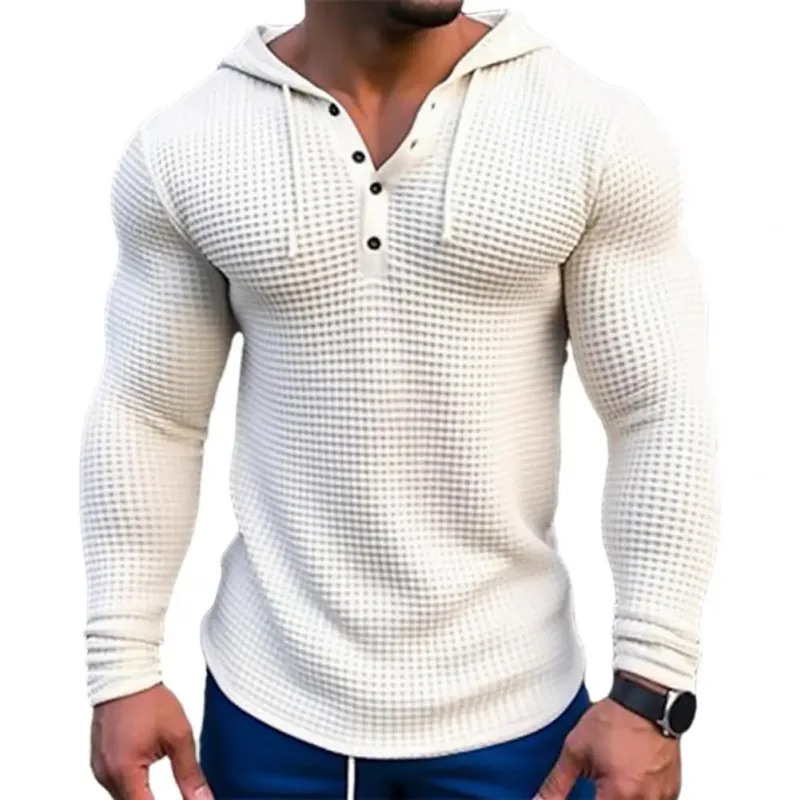 Warna Pepejal Musim Bunga Slim Fit Lengan Panjang T-shirt Lelaki Bertudung Bernafas Sukan Atasan Wafel Kapas Baju Lengan Panjang Kasual — image 4