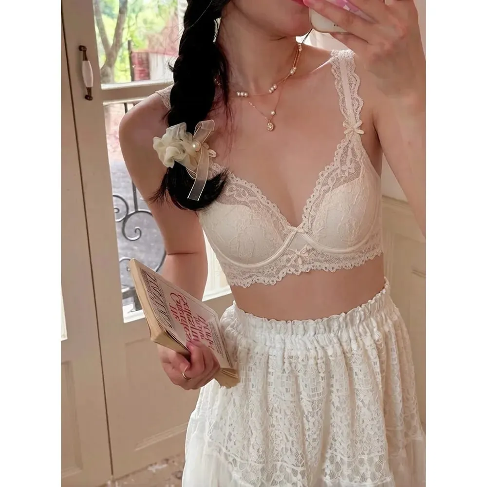 Feminino francês flutter manga renda lingerie conjunto macio underwire copo fino respirável sexy beleza volta minimizador sutiã 32-38 — image 3