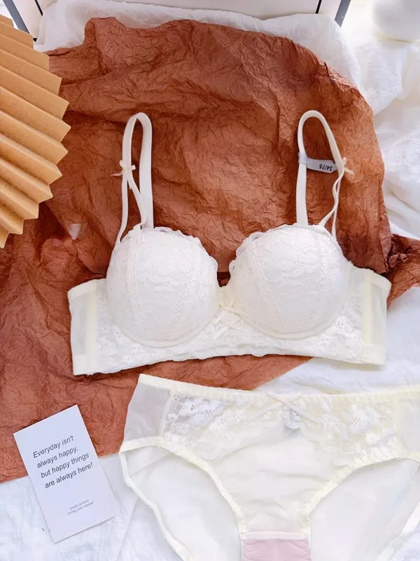 Sweet French Lace Women Bra Set Wire Free Push Up Lingerie Top Side Support Anti Sag Brassiere Panty Suit For Small Bust 32‑38