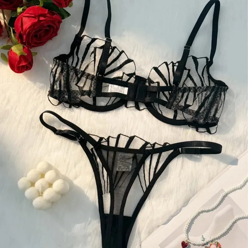 New Women's Bra Set Sexy Lace Mesh Lingerie Set Ultra Thin Breathable Comfortable Lightweight Scallop Transparent Lingerie Set — image 4