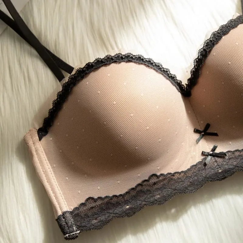 Sexy Mesh Wire Free Underwear Set Women Lace Dot 1/2 Palm Cup Push Up Bra Summer Detachable Strap Lingerie and Panties Sets