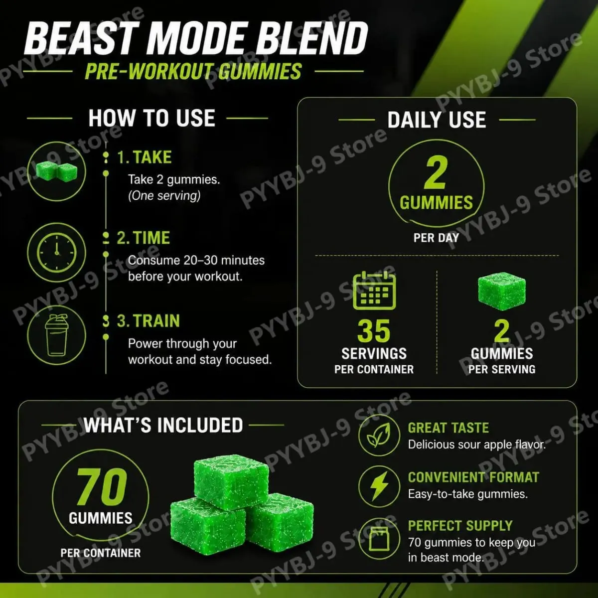 Pre Workout Energy Gummies med koffein Taurin Rhodiola Rosea CoQ10 & B-vitaminer understøtter træningsfokus Energistyrke 70 Ct — image 6