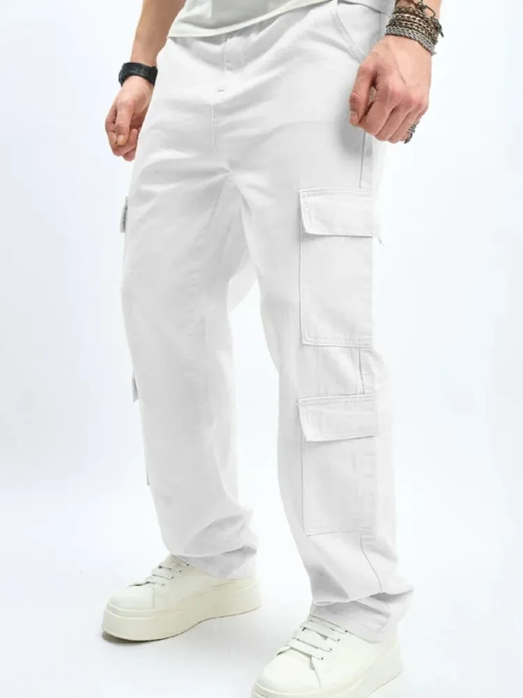 Mens Multiple Pockets Cargo Loose Jeans Streetwear Straight Casual Outdoor Trousers Male Clothing Fashion Denim Pants White — image 3