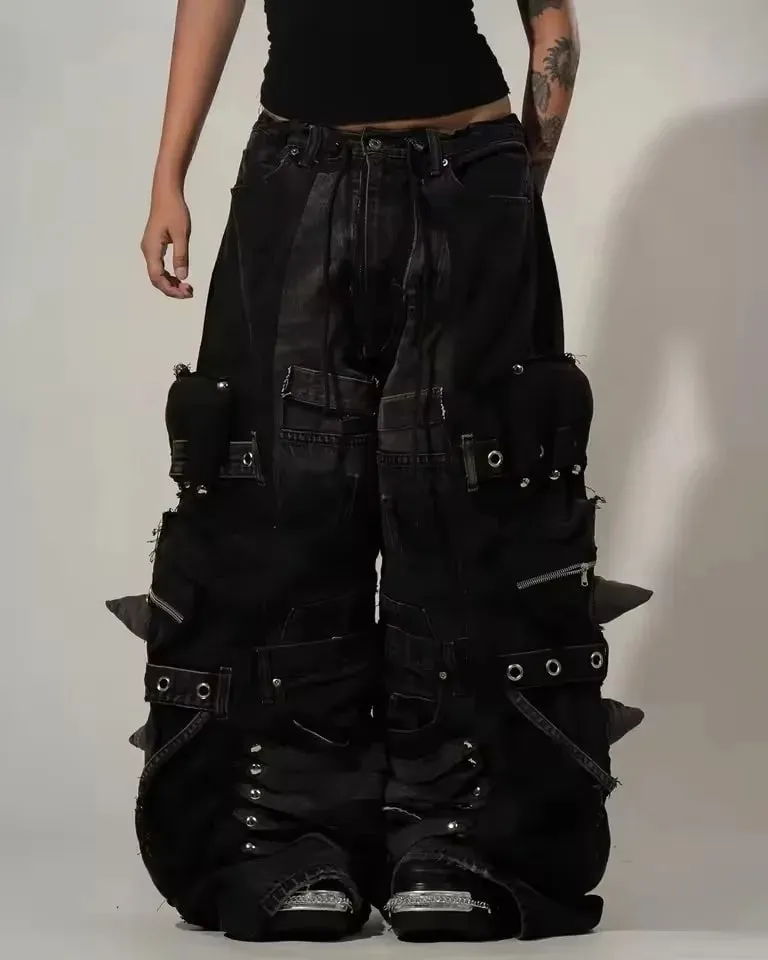 Black Baggy Cargo Jeans Men Women Heavy Multi Pocket Zipper Detail Streetwear Casual Fashion Pants Wide Leg Loose Fit Soft Y2K — image 5